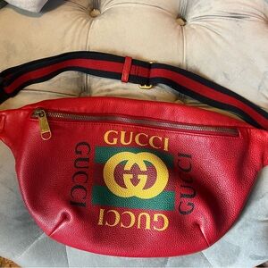 Gucci Red Leather Belt Bag with Green and Yellow Logo